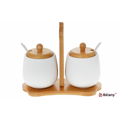 Набор банок c ложками на бамбуковой подставке "White" (2 шт) 350 мл