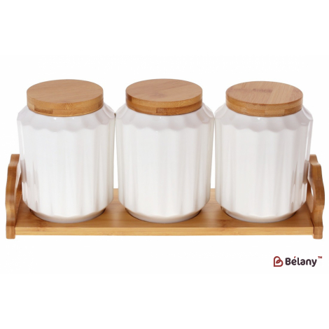 Набор банок с ложками на бамбуковой подставке "White" (3 шт) 350 мл