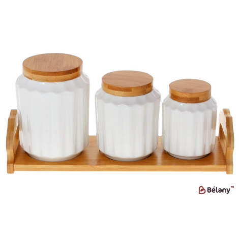 Набор банок на бамбуковой подставке разных размеров "White" (3 шт) 900, 600, 350 мл