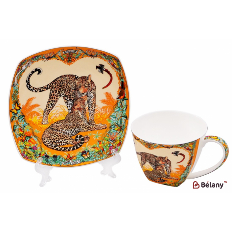 Костяной фарфоровый набор чашка с блюдцем " Leopards in love"