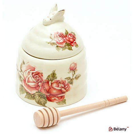 Фарфоровая медовница 12,5 см "Royal rose" с деревянной палочкой
