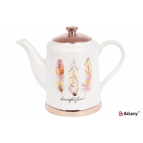 Керамический чайник 1000 мл "Pink Feather" белый c принтом