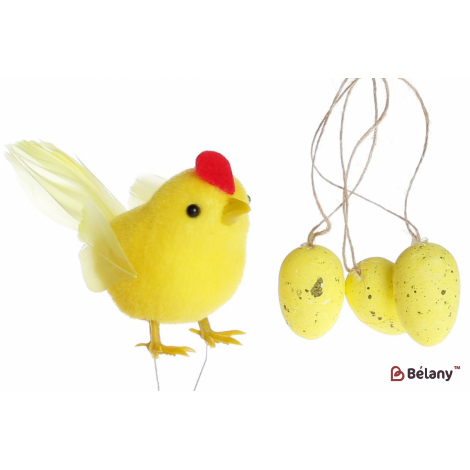 Пасхальные украшения, набор 3 шт (подвесных яиц) 1 шт (курочка), 6 см "Chicken" желтый